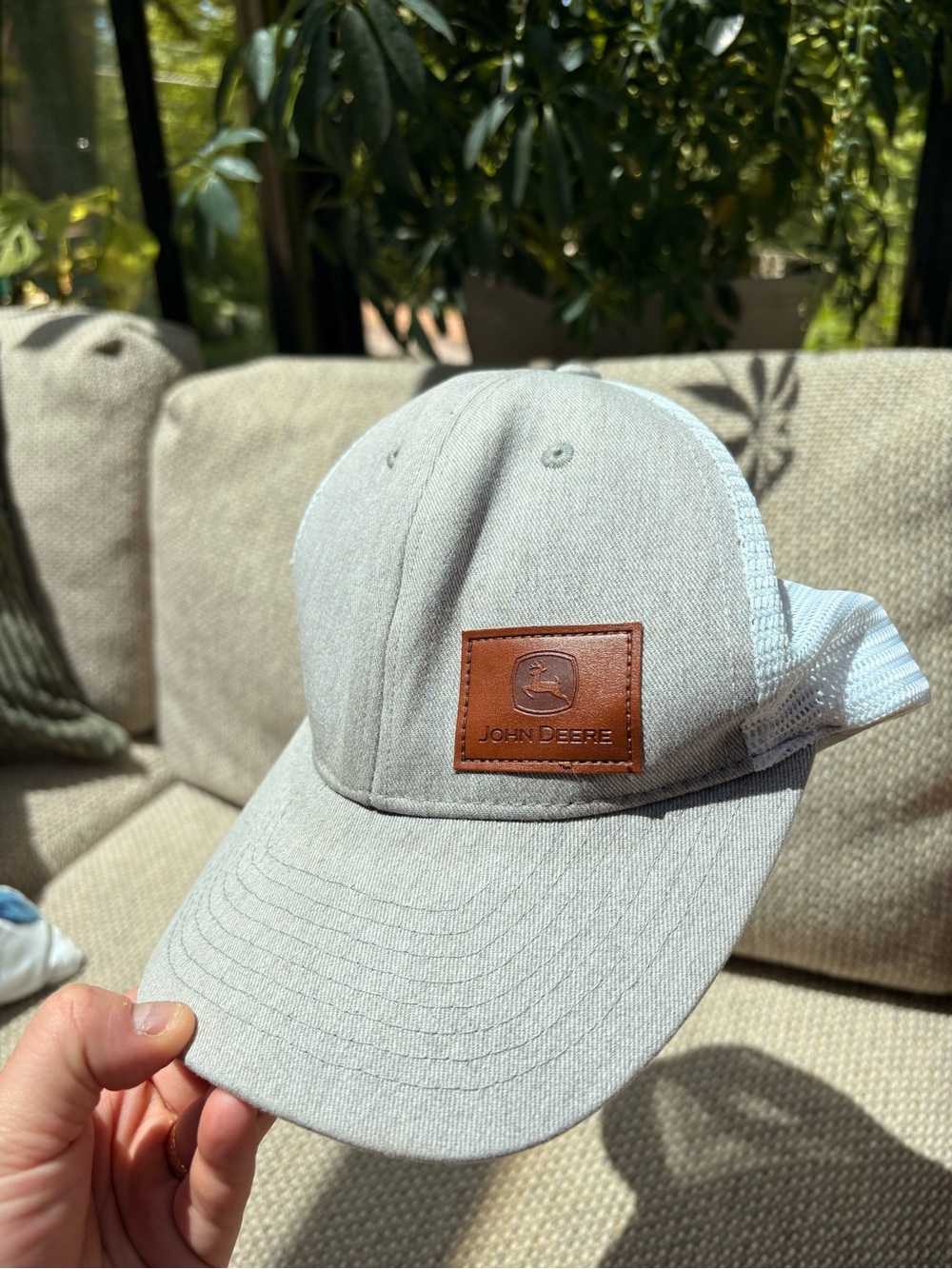 John Deere Light Gray Mesh Baseball Cap with Leather Patch